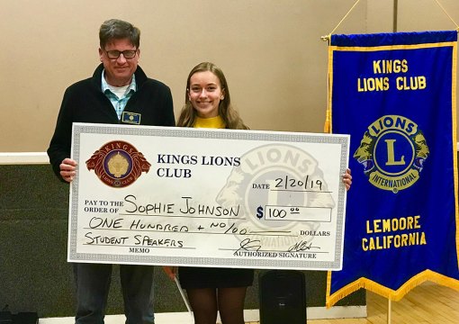 Lemoore Middle College student wins local Kings Lions Club speech competition; will advance to Lions Zone Level competition Kings Lions Club Speech Chairman Tom Wells and local winner Sophie Johnson. Johnson won the local competition Wednesday, Feb. 20.